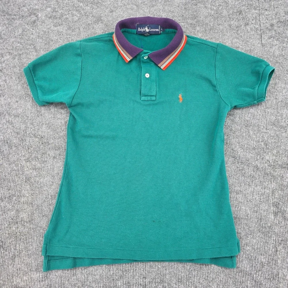 Ralph Lauren Kids Green Pique Polo Shirt Purple Striped Collar Large L